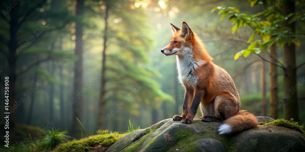 Naklejka premium A Majestic Red Fox Perched on a Mossy Rock, Serene and Alert in a Sun-Dappled Forest