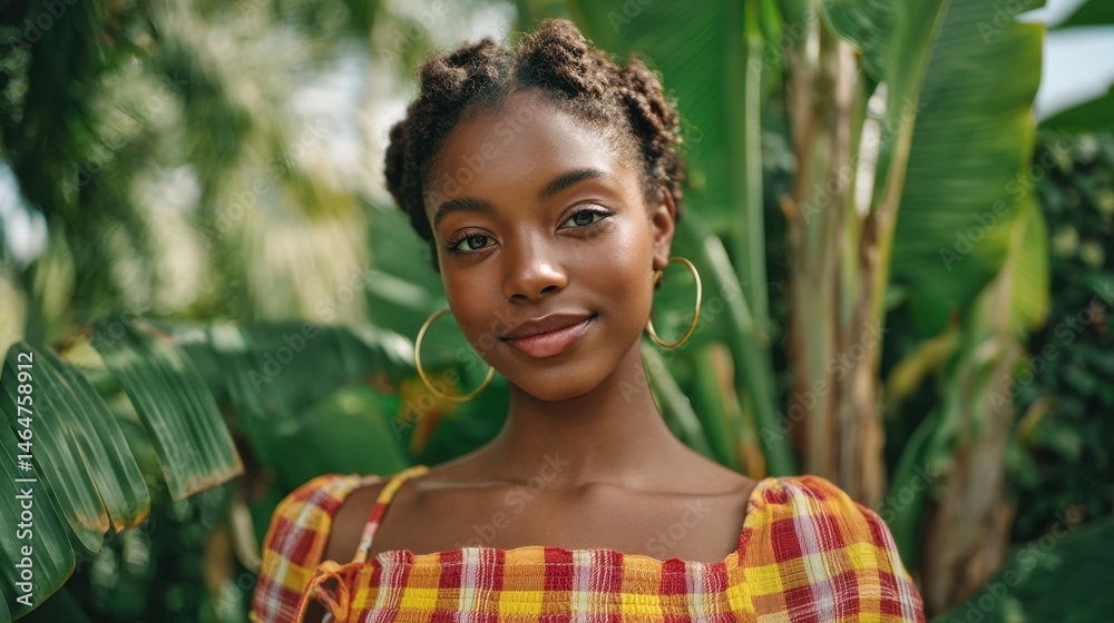 Caribbean-American Heritage Month Smiling young african female in yellow and red top among lush green leaves