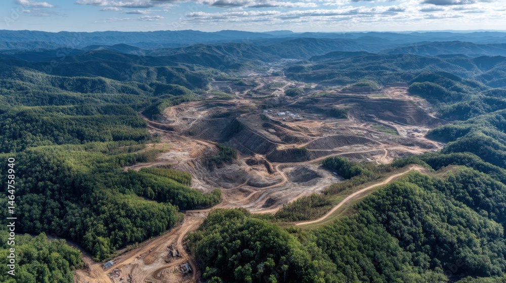 End Mountain Top Removal Week Aerial view of vast mountaintop mining site in lush mountainous landscape