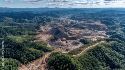 Obraz na płótnie End Mountain Top Removal Week Aerial view of vast mountaintop mining site in lush mountainous landscape w salonie