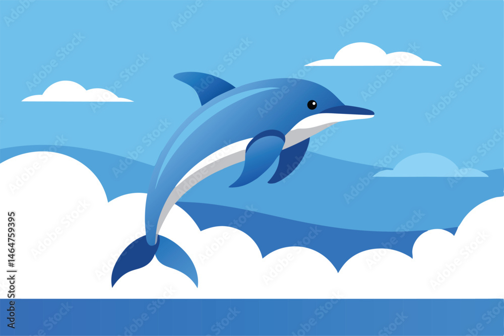 Fototapeta premium Minimalist blue dolphin jumping over ocean waves vector illustration, playful marine mammal leaping through white clouds in a bright blue sky, scalable EPS graphic for sea life branding.