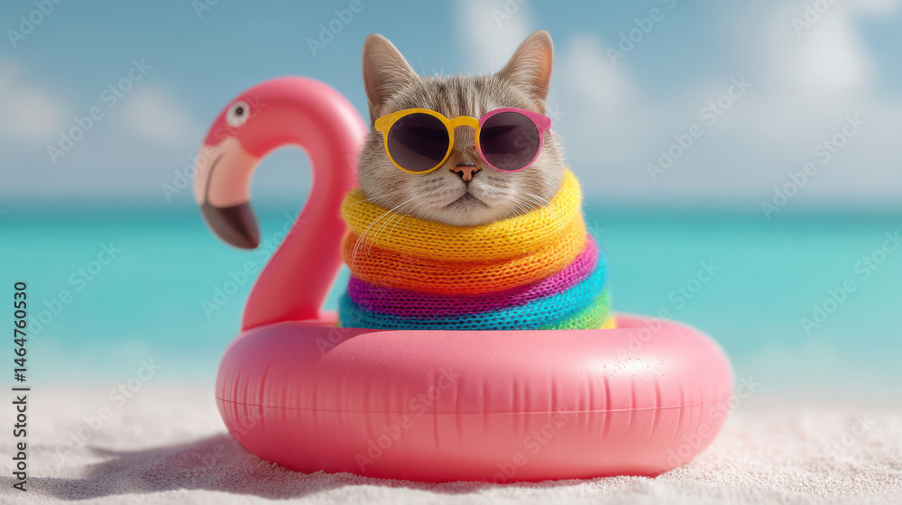 Cat wearing colorful rainbow scarf and sunglasses sits inside pink flamingo float on sandy beach with blue ocean and sky Cat wearing colorful rainbow scarf and sunglasses sits inside pink flamingo float on sandy beach with blue ocean and sky