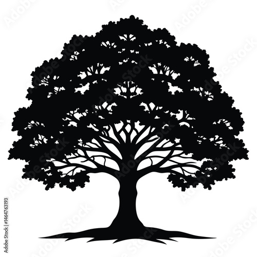 Detailed oak tree silhouette showcases dense foliage and roots against clean backdrop, black