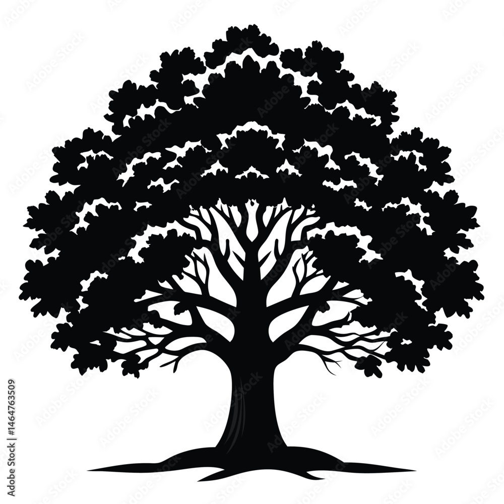 Obraz premium Isolated silhouette of a large, leafy oak tree presents against white space