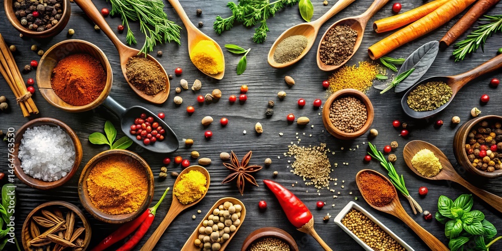 Fototapeta premium Aromatic Spices and Herbs Collection Culinary Ingredients Arranged on Dark Wooden Surface