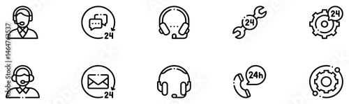 Customer service and support icon set. Containing assistance, operator, help desk, technical, call center, contact, 24 hour chat answer, guidance, info, message, question, faq. Vector illustration.