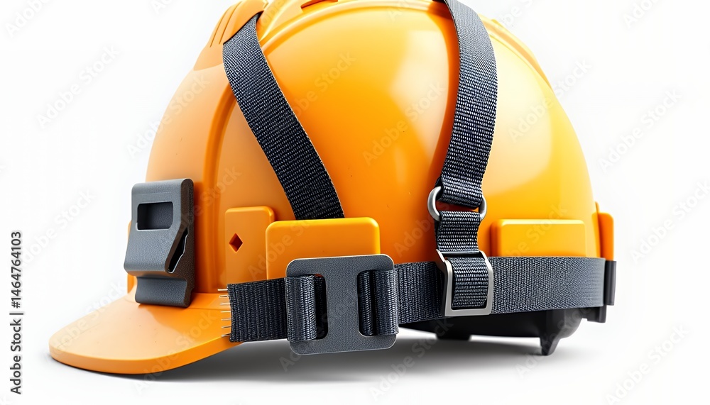 Close Up Eye Level View Of Orange Construction Hard Hat With Black And White Chin Strap Isolated On White Background Protective Headwear Designed For Safety Equipment And Industrial Work Close Up Eye Level View Of Orange Construction Hard Hat With Black And White Chin Strap Isolated On White Background Protective Headwear Designed For Safety Equipment And Industrial Work
