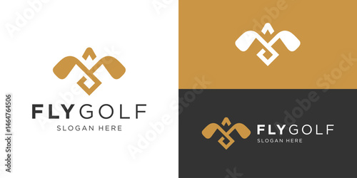 Creative simple fly golf logo template. Abstract eagle, hawk, falcon with golf stick logo design vector illustration.