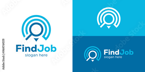Creative modern find job logo template. Abstract magnifying glass with people person symbol, search work logo design vector illustration.