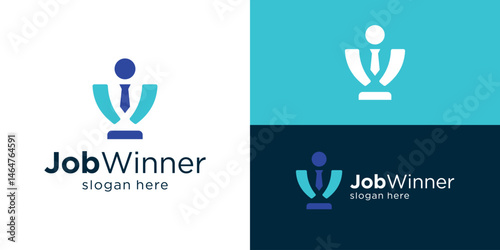 Creative simple job winner logo template. Abstract human, people, person symbol with trophy logo design vector illustration.