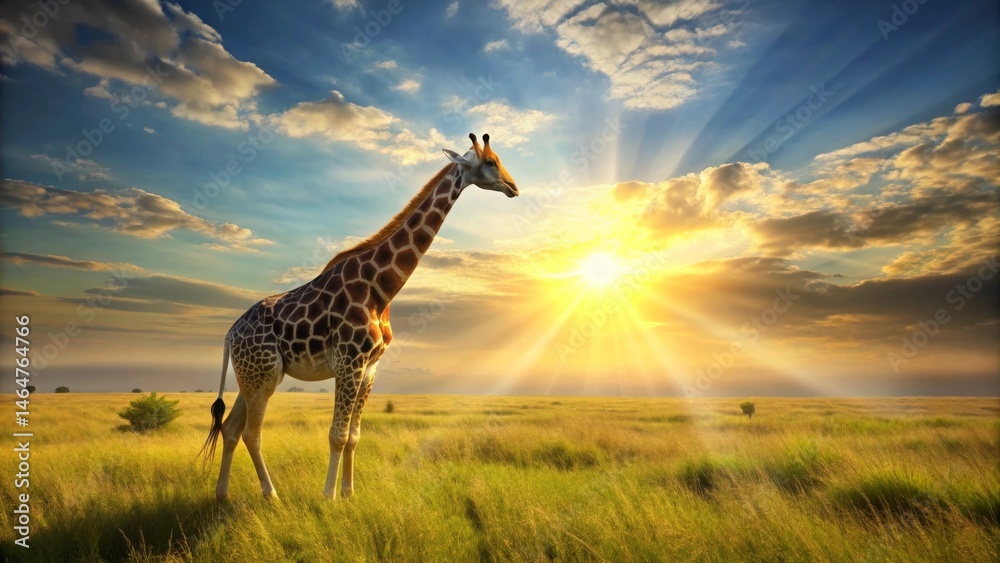 Obraz premium A lone giraffe silhouetted against a vibrant sunset, standing tall in a field of golden grass, bathed in the warm glow of the evening sun.