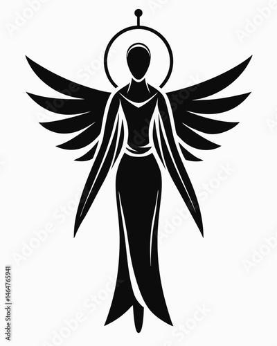 Stylized Black Angel Silhouette with Wings and Halo for Religious Design