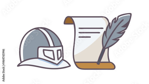 Knight helmet and scroll with feather pen illustration	
