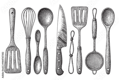 kitchen utensils set woodcut engraving vector illustration