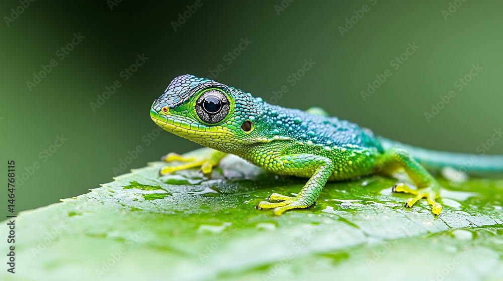 Naklejka premium Vibrant Green And Blue Lizard On Dewy Leaf