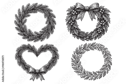 wreath set woodcut engraving vector illustration