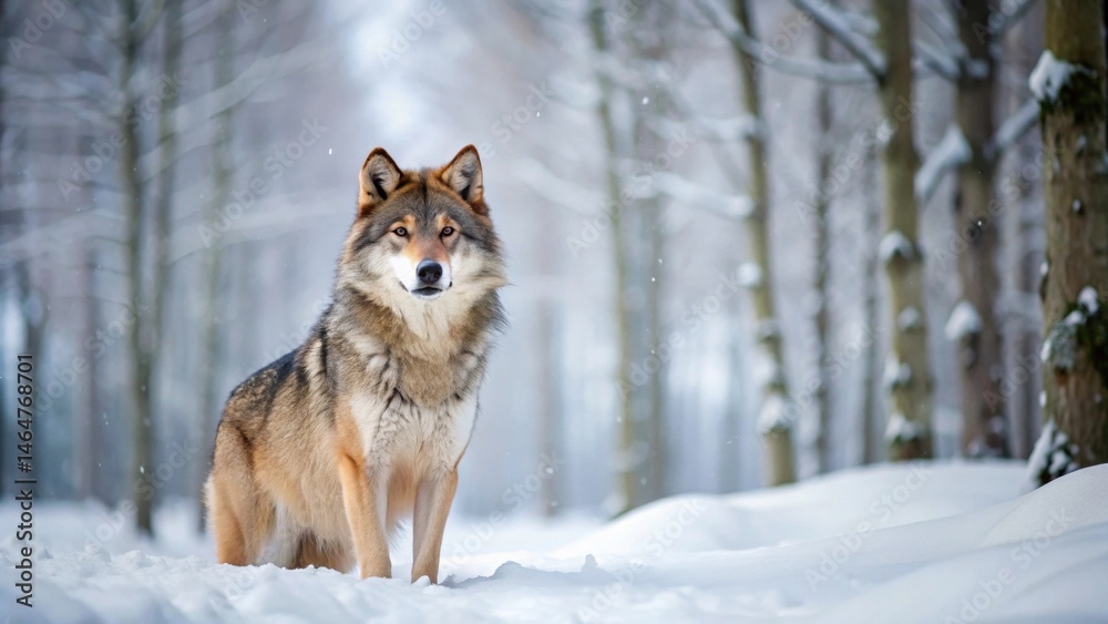 Fototapeta premium Majestic Wolf in Winter Wonderland A Solitary Canis Lupus Stands Proud Amidst a Snowy Forest