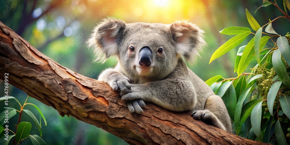 Fototapeta premium A fluffy koala bear rests peacefully on a tree branch, basking in the warm sunlight filtering through the lush green leaves.