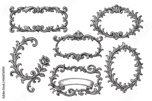 flourish border vintage frame set woodcut engraving vector illustration