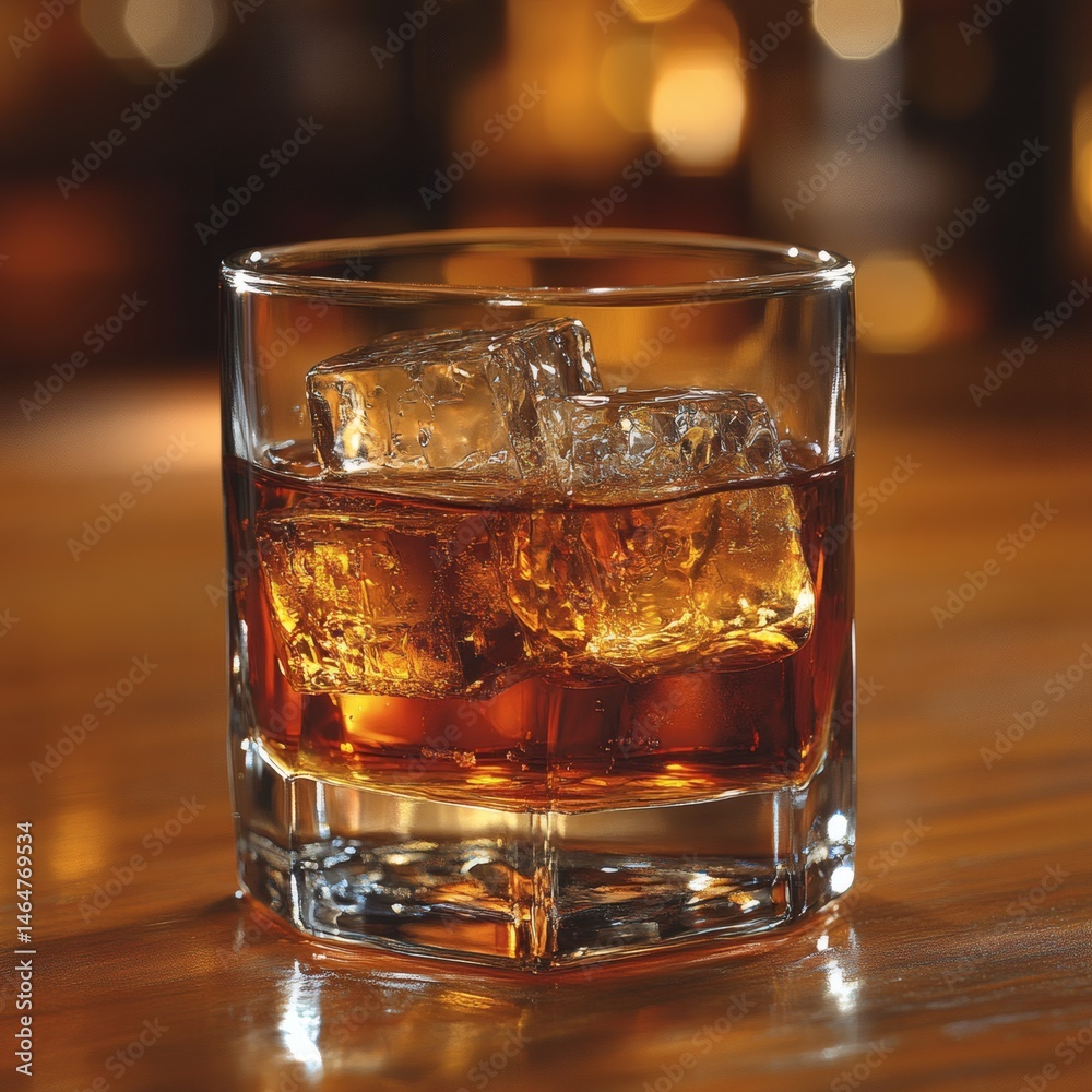 Whiskey On The Rocks in A Tumbler at Bar Whiskey On The Rocks in A Tumbler at Bar