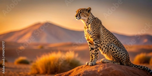 Majestic Cheetah at Sunset, Perched Atop a Rock Formation in the African Savanna, Golden Hour Illumination