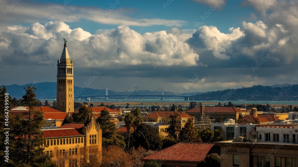 Naklejka premium Berkeley Campus: Iconic Clock Tower Overlooking the Bay Area and Cityscape of California