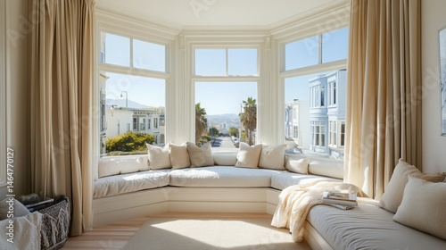 Inviting bay window seating area with a cityscape view and natural sunlight