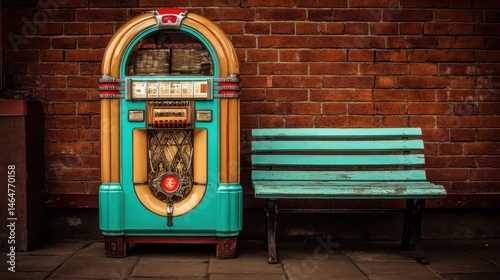 Classic American Jukebox and Retro Bench Set Against a Rustic Brick Backdrop