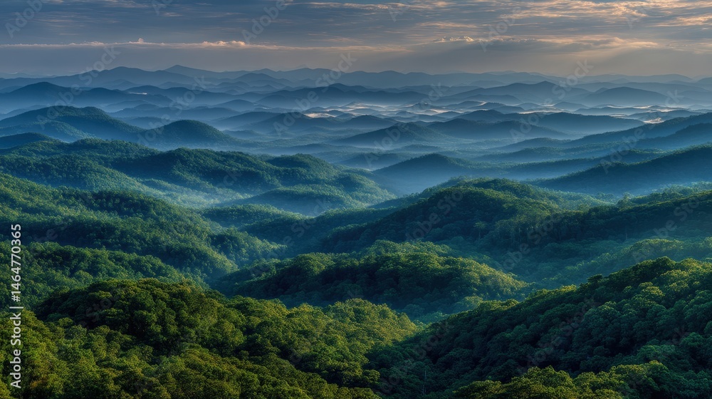 Fototapeta premium Expansive Panoramic Vista of Rolling Hills in a Dense Forest Landscape with Layers of Greenery and Distant Mountain Ranges
