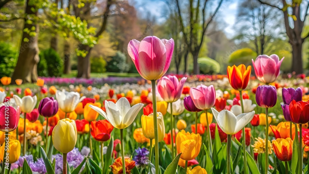 Fototapeta premium A garden of colorful tulips flowers.