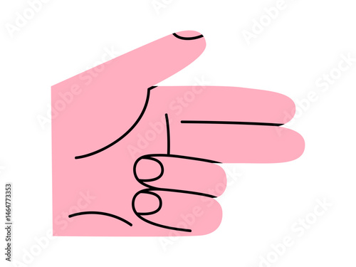 Hand drawn cute cartoon illustration of raised two fingers human hand gesture. Flat vector gun arm sign doodle. Pistol shot demonstration sticker. Count to two icon. Isolated.