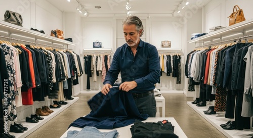 Man folding clothes on table in retail clothing store with racks.
