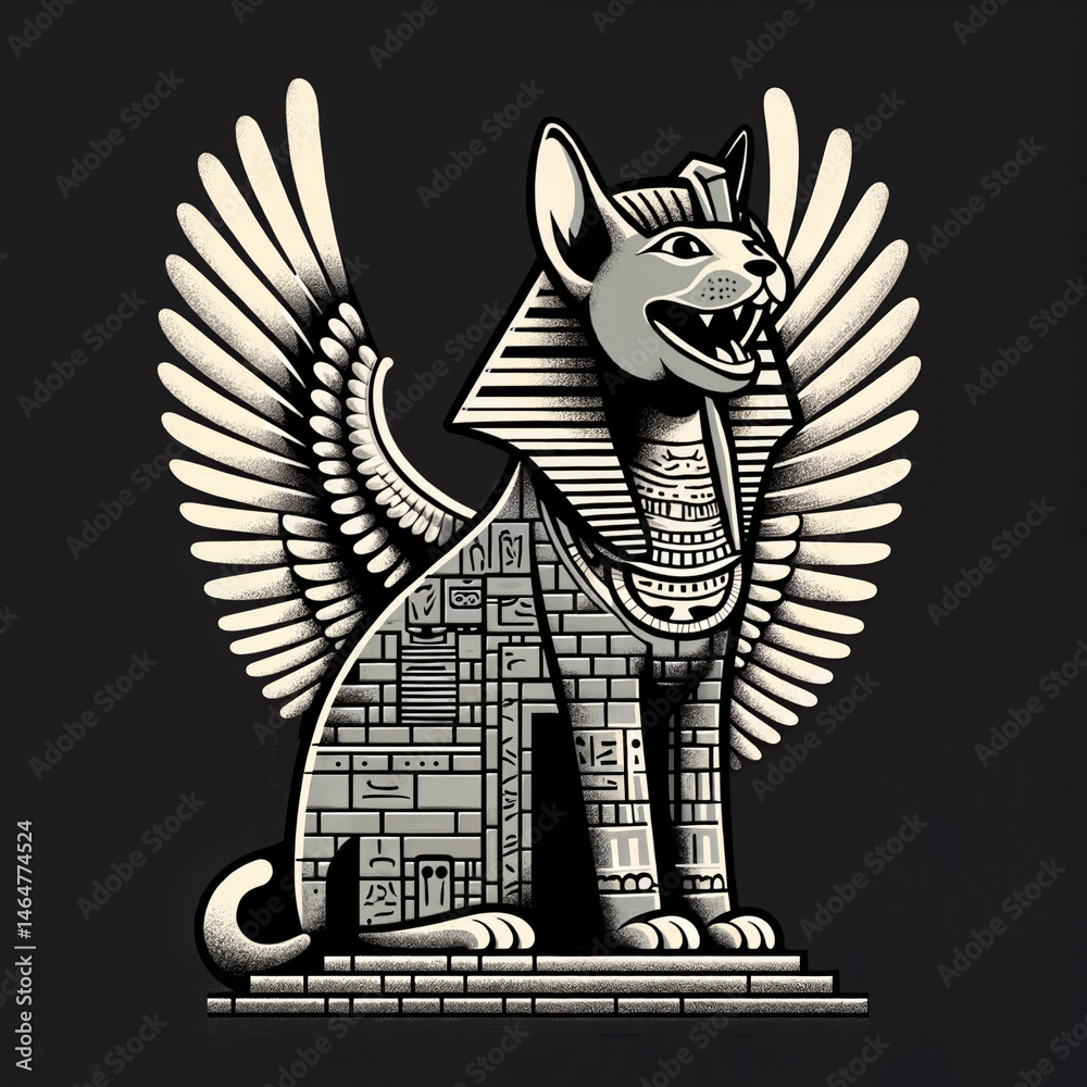 Winged Egyptian Cat Sculpture in Black and White