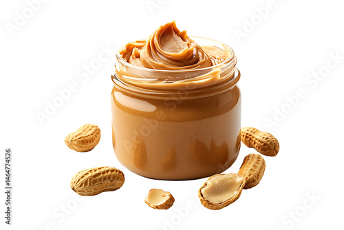 Delicious creamy peanut butter in a glass jar isolated on transparent background.