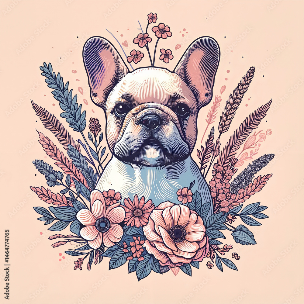 French Bulldog Surrounded by Colorful Flowers in Floral Design