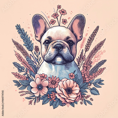 Obraz na płótnie French Bulldog Surrounded by Colorful Flowers in Floral Design w salonie
