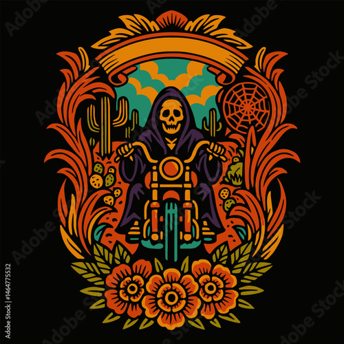 Skeleton Riding Motorcycle Through Desert Landscape Graphic Illustration Art