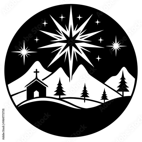 Star of Bethlehem over snowy hills silhouette vector illustration 