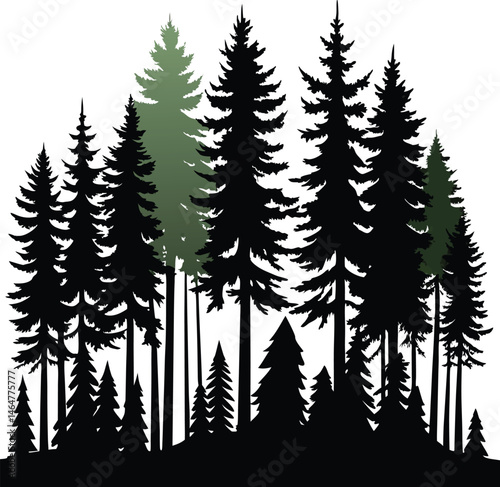 Silhouette Forest Illustration: Evergreen Pine Trees, Woodland Landscape, Nature Graphic, Vector Art, Dark Green & Black Design