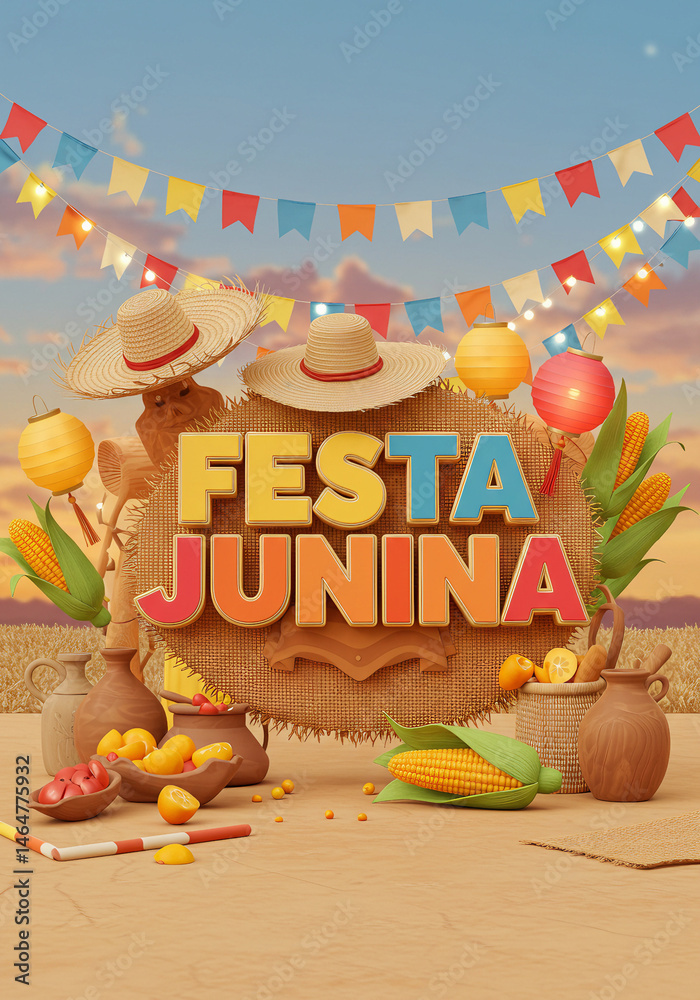Naklejka premium Cenário festivo e colorido da Festa Junina com o letreiro