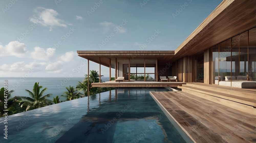 Fototapeta premium A contemporary Balinese villa with sleek wooden facades, glass walls, and an infinity pool overlooking the ocean, 3D renderingA contemporary Balinese villa with sleek wooden facades, glass walls, and 