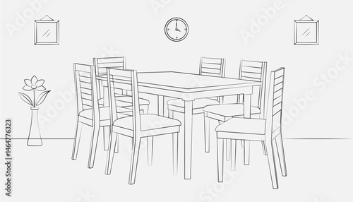 Dining table and chairs in continuous line art drawing style. Classic style dining room furniture black linear sketch isolated on white background.