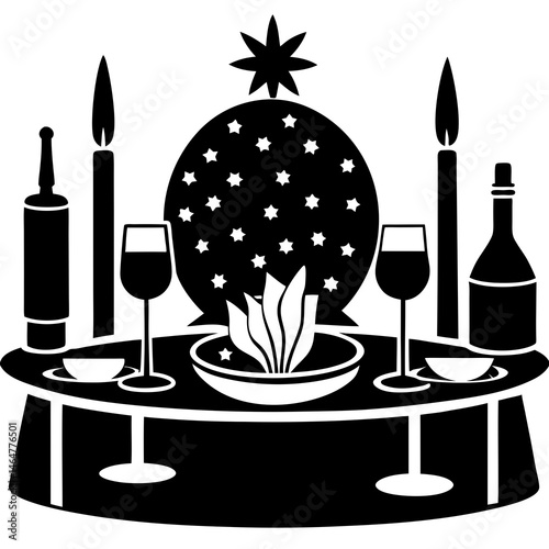 A vintage vector illustration set features a wine bottle, glass with wine, another glass with grapes, and a champagne flute, perfect for bar or restaurant menus and party celebration designs