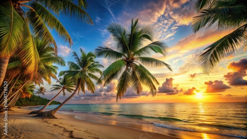 Beach at Tombo with palm trees, sunset, landscape, tropical,  landscape, tropical, ocean, guaruja, palm tree, vacation, brazil, paradise