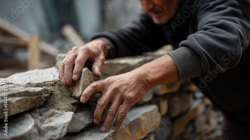Wallpaper Mural Close-up of a man building a stone wall outdoors with detailed focus on his hands and stones Torontodigital.ca