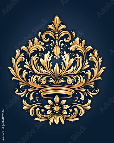 Ornate gold crown design with intricate floral details on a dark blue background