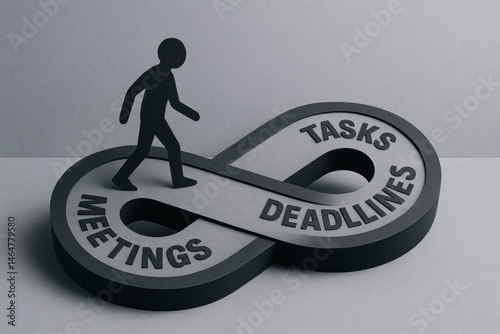 Person walking on infinity loop with toxic meetings tasks and deadlines symbolizing endless work stress and exhaustion