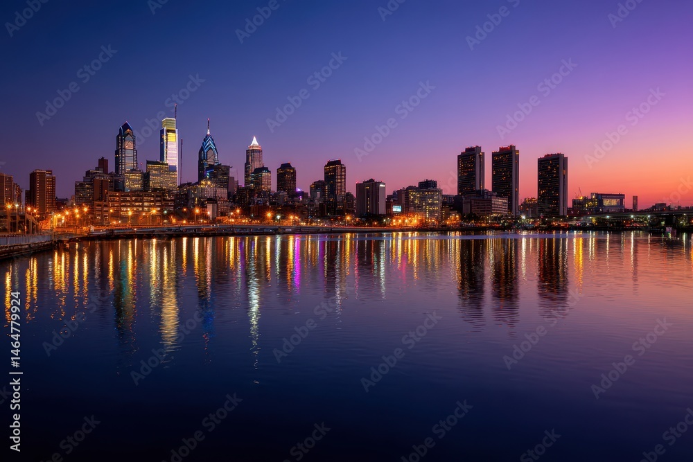 Obraz premium Philadelphia Nightscape: Illuminated Skyline Over Urban Landscape with Skyscrapers