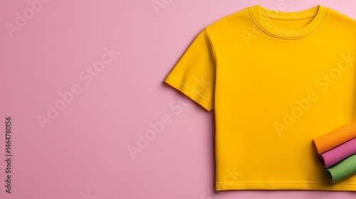 Vibrant Yellow T Shirt and Colorful Cylinders on Pink Background