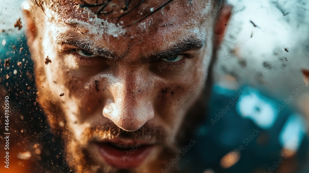 A determined athlete gazes intensely at the camera, his face covered in dirt and grime, embodying resilience and strength in the midst of physical and mental challenges.
